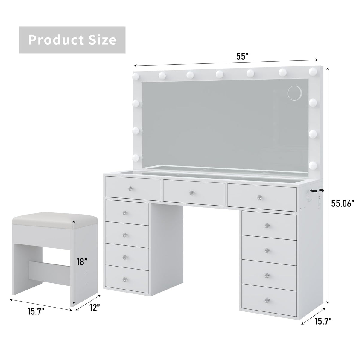 11 Drawer Vanity Desk with Mirror and LED Bulbs F1526
