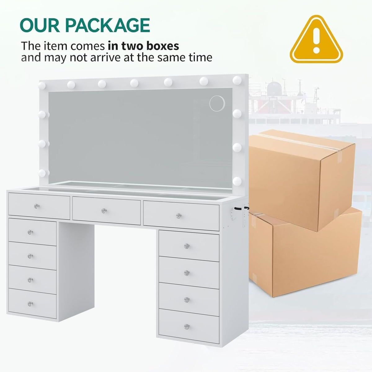 11 Drawer Vanity Desk with Mirror and LED Bulbs F1526