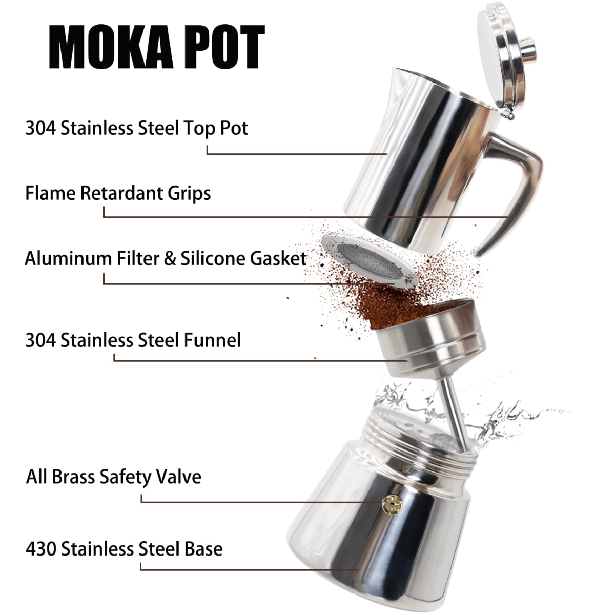 12 Cup 304 Stainless Steel Moka Pot Stovetop Espresso Maker 600ml N7429