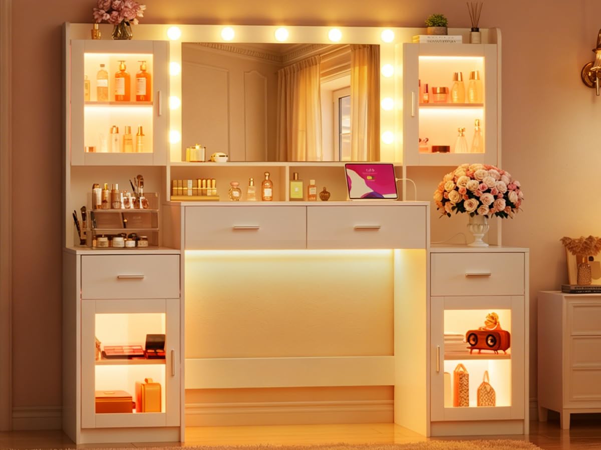 Large White Vanity Desk with Mirror and Lights U59009