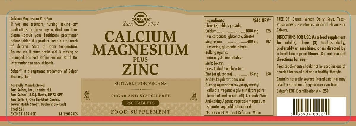 Calcium Magnesium Plus Zinc 250 Tablets I51203