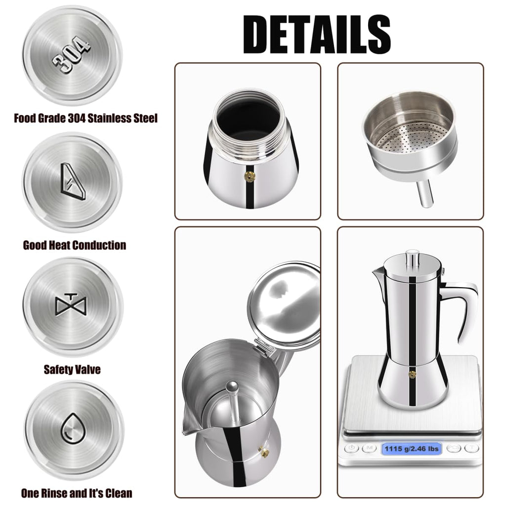 12 Cup 304 Stainless Steel Moka Pot Stovetop Espresso Maker 600ml N7429