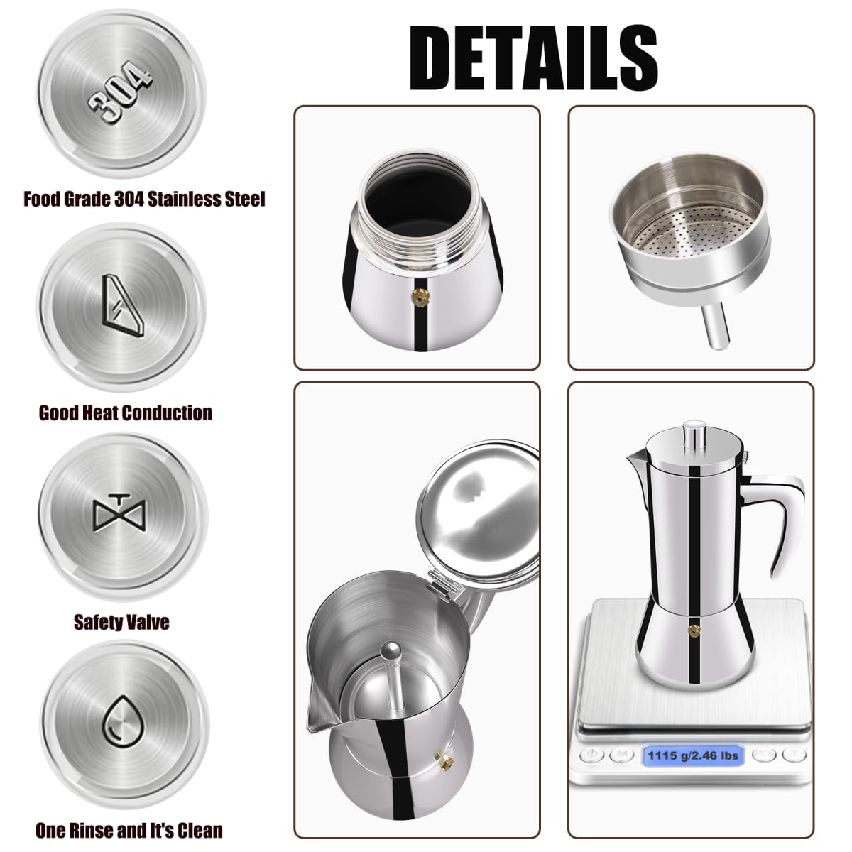 12 Cup 304 Stainless Steel Moka Pot Stovetop Espresso Maker 600ml N7429
