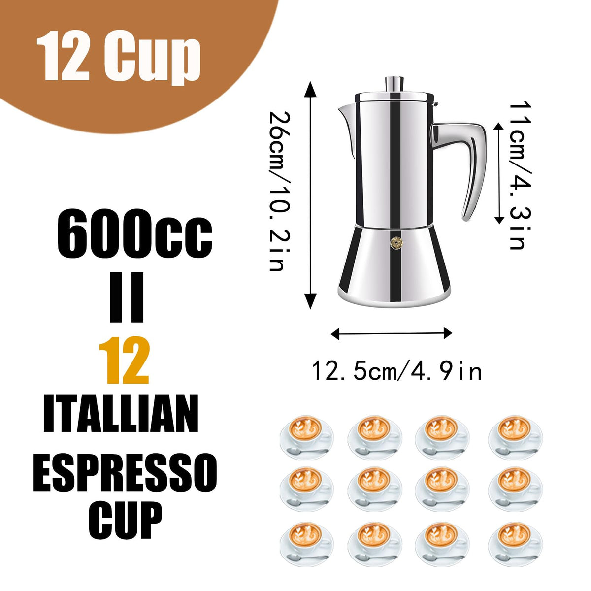 12 Cup 304 Stainless Steel Moka Pot Stovetop Espresso Maker 600ml N7429