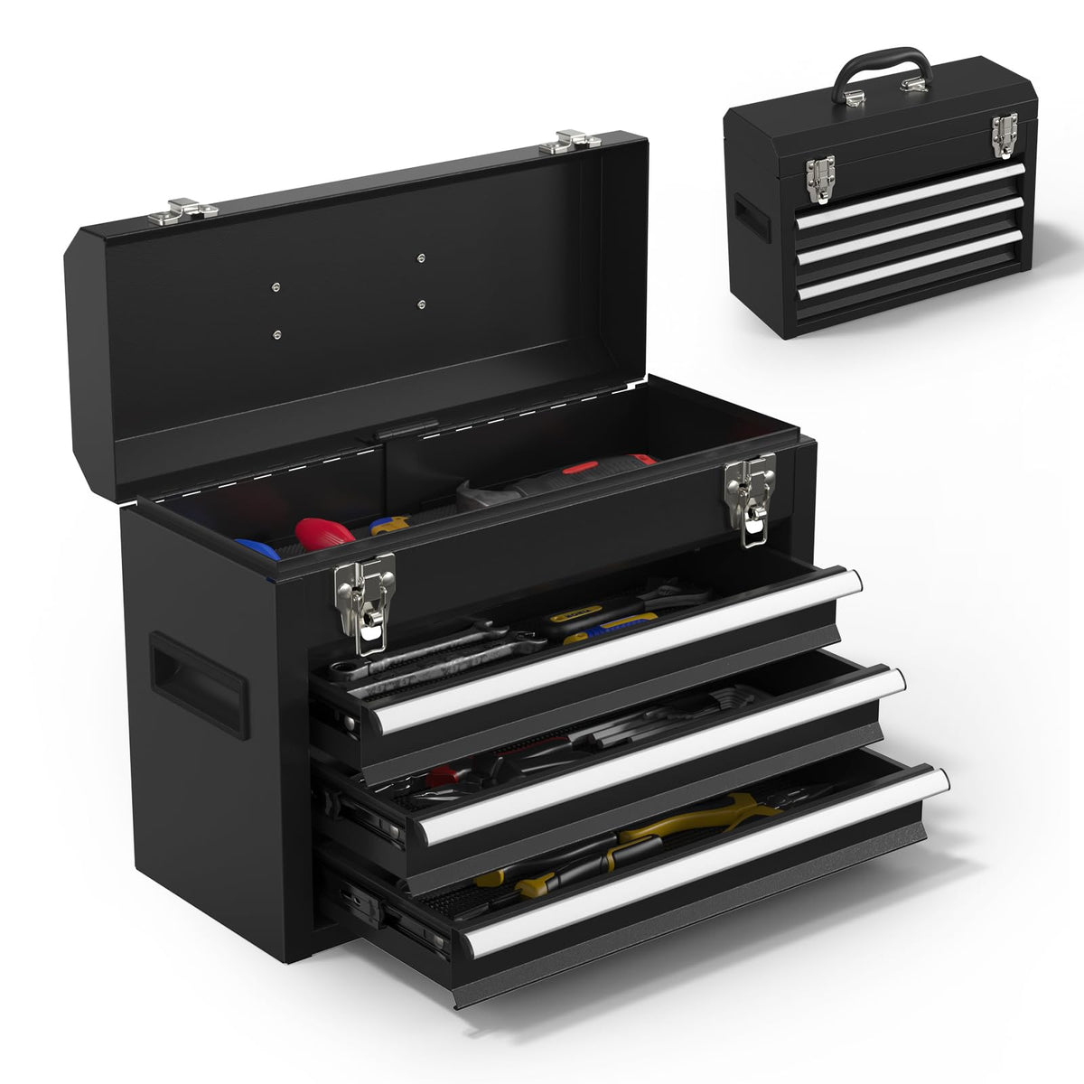 Black 3 Drawer Lockable Metal Tool Box B361