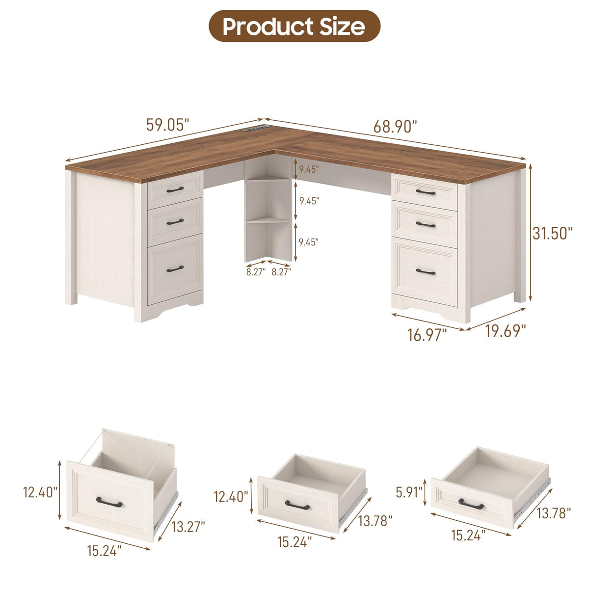 Brown L Shaped Executive Desk with 6 Drawers T226