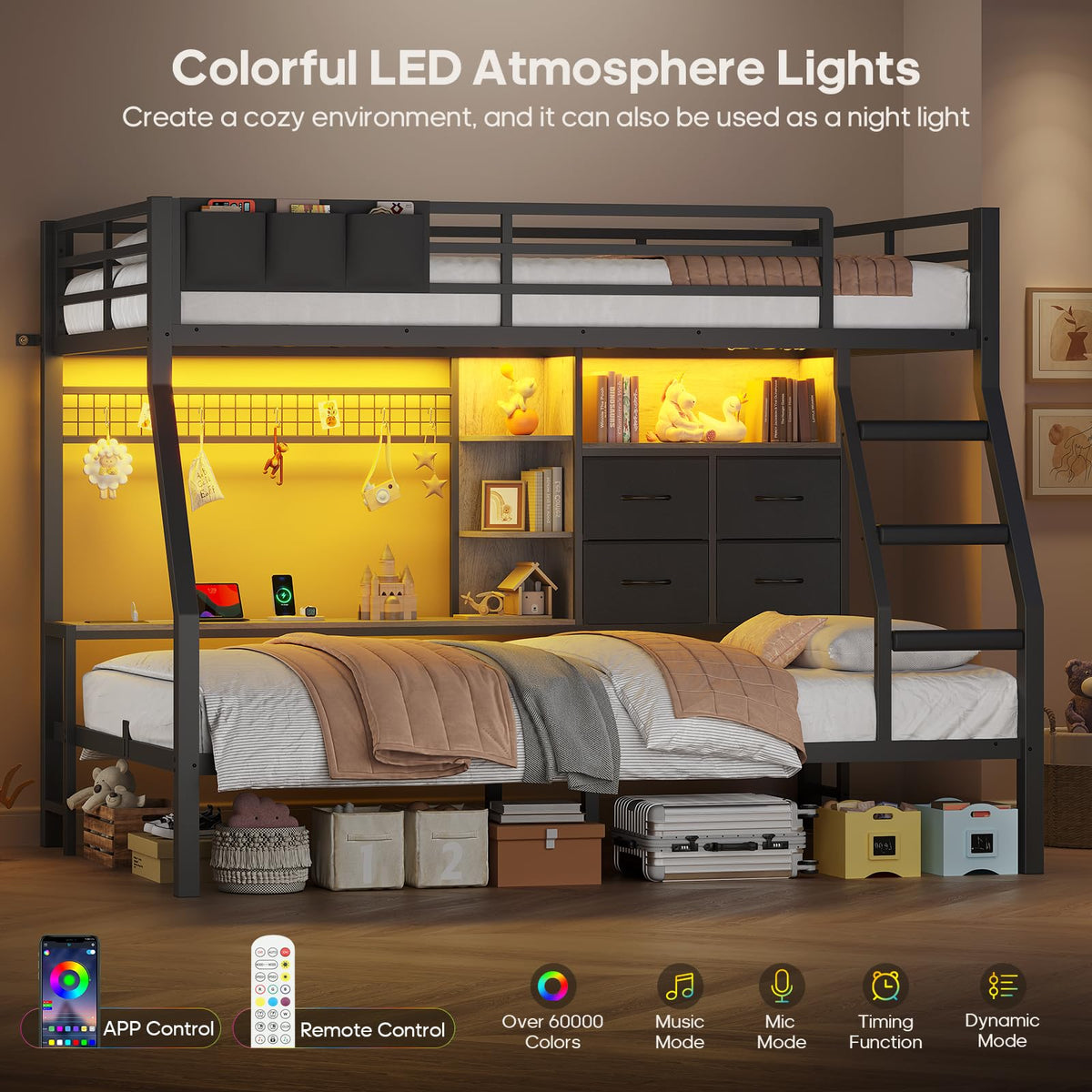 Black Twin Over Twin Bunk Bed with Charging Station & LED Lights L686005