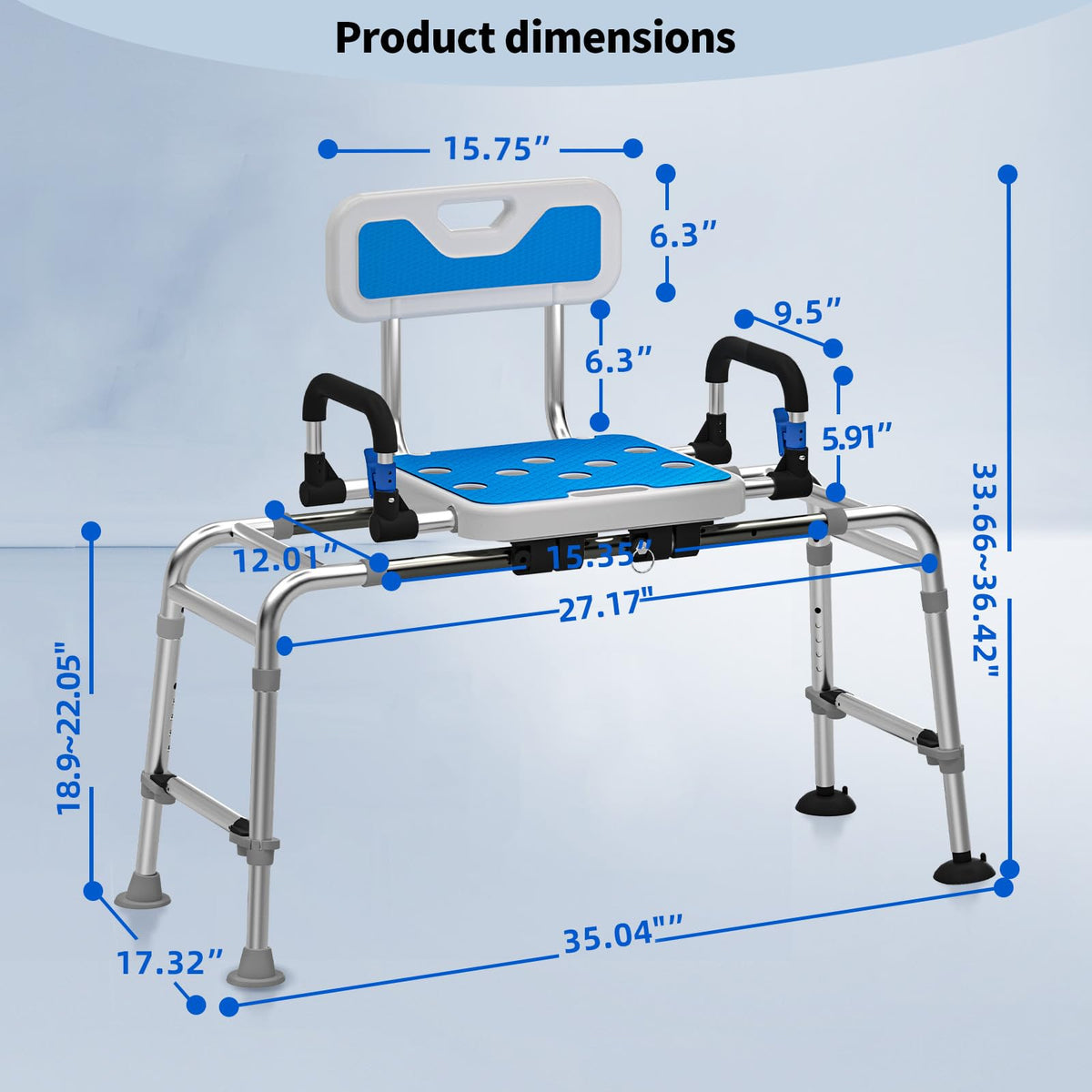 Sliding Shower Chair with Arms and Back, 500lbs Non Slip Aluminum Adjustable Height I499