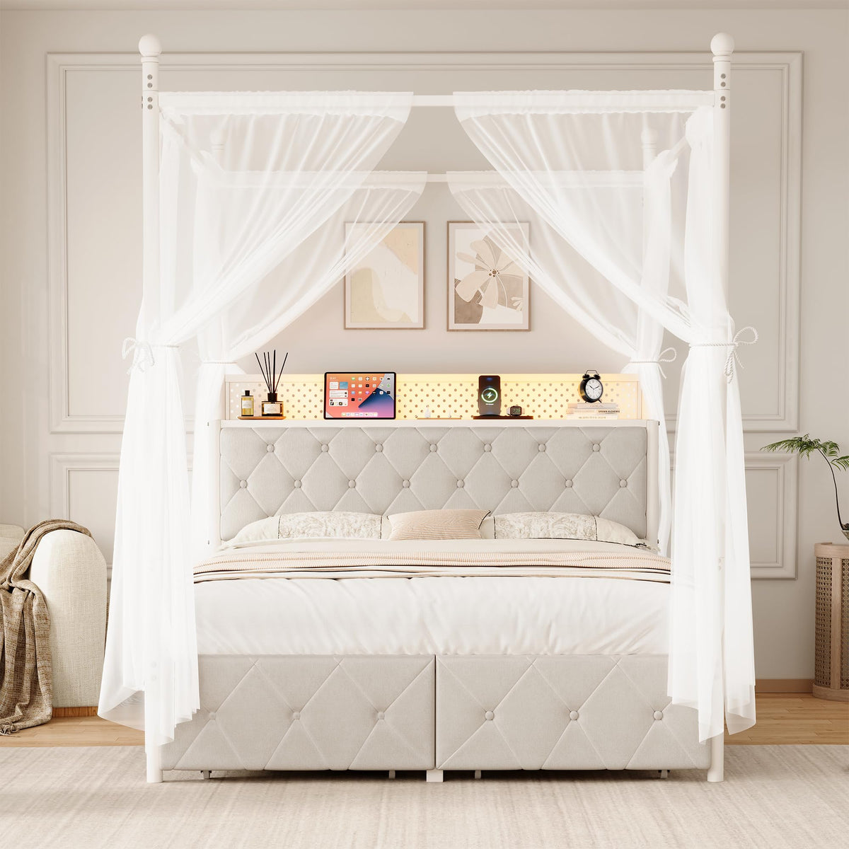Full Size Canopy Bed Frame with Charging Station and LED Lights Z998103