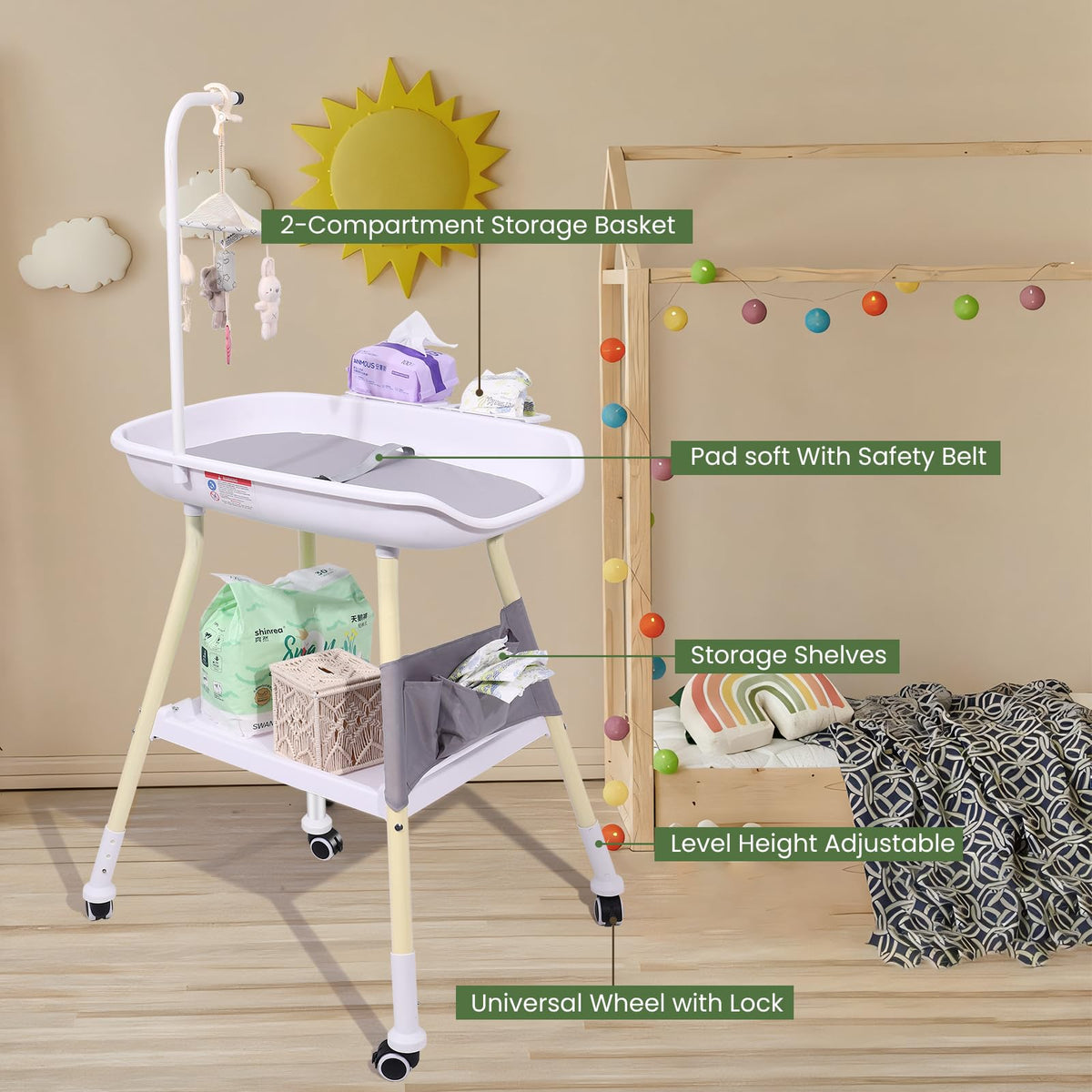 Adjustable Height Baby Changing Table with Changing Pad and Storage J191271
