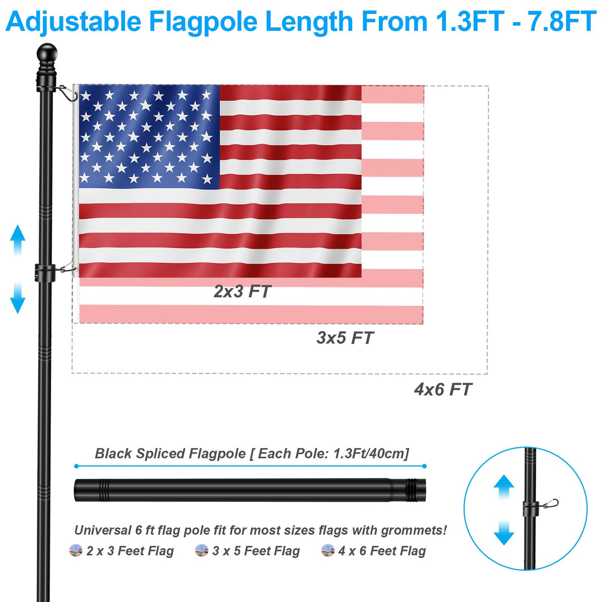 Black 7 FT Metal Flagpole Kit and 304 Stainless Steel Flagpole Clips U437199