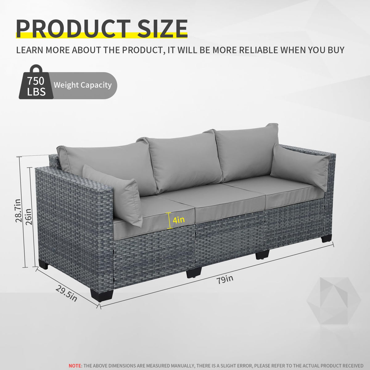 Light Grey Wicker 3-seat Outdoor Sofa with Cushions N22181
