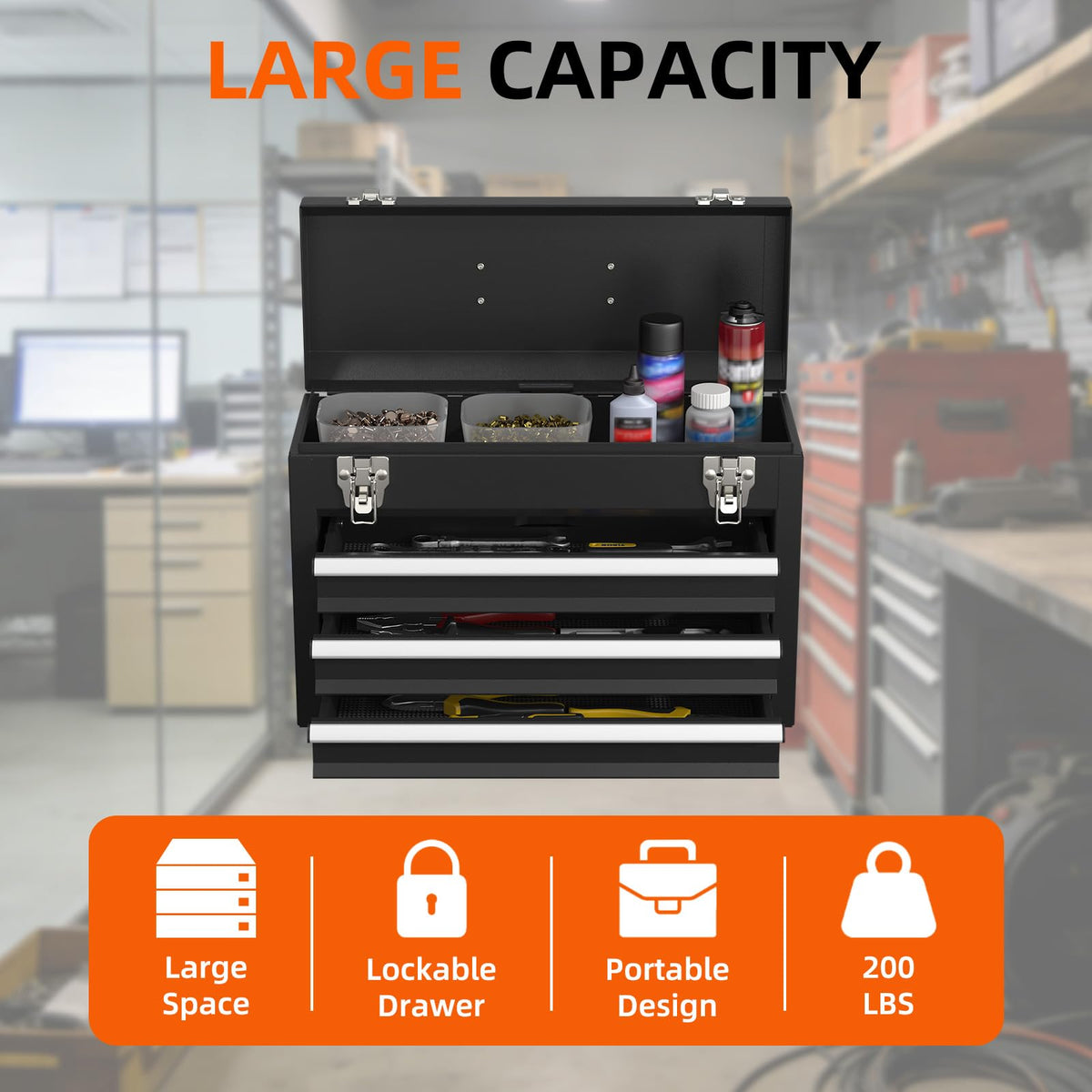 Black 3 Drawer Lockable Metal Tool Box B361