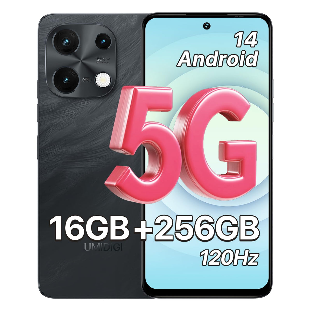 5G Dual SIM Unlocked Cell Phone, 6.8" HD+ 120Hz Display, 256GB, 50MP Camera, Black O325421