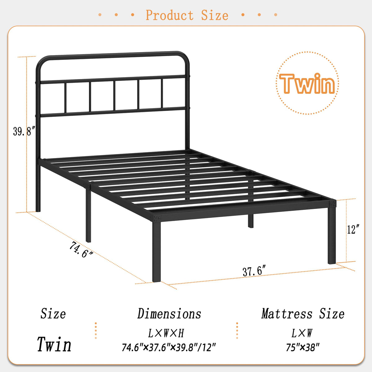 12 inches Twin Bed Frame with Minimalist Headboard, Black H953