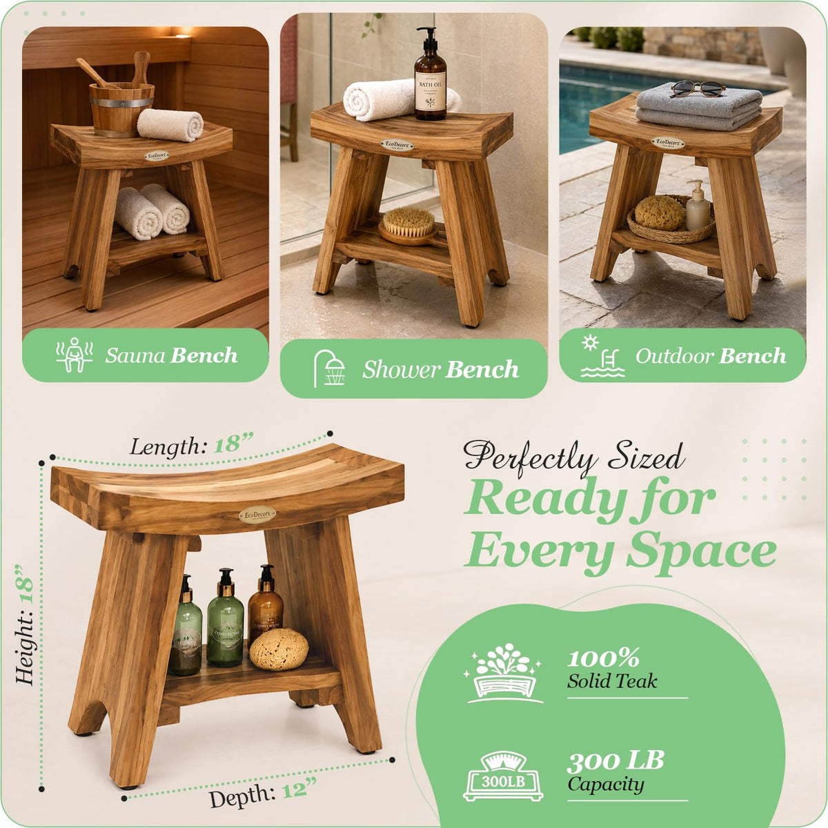 18" Solid Teak Shower Bench with Shelf Q332411