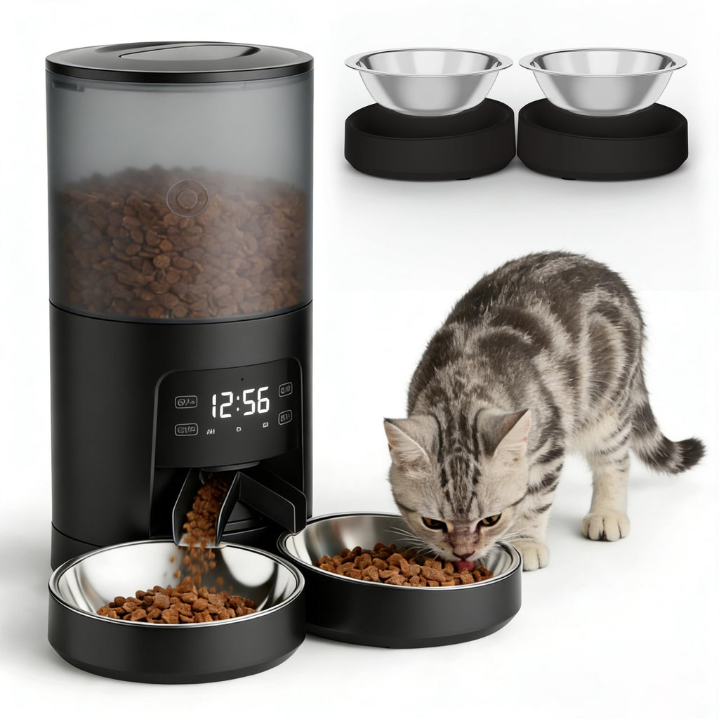 6L Automatic Cat Feeder with 2 Stainless Bowls Black U9930