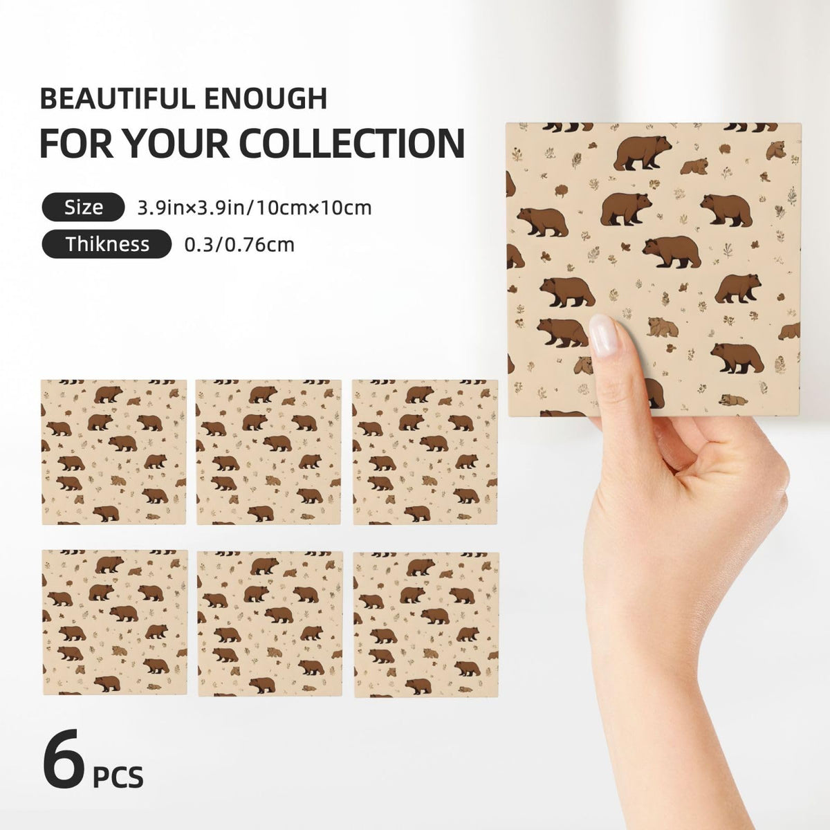 Square Cartoon Bear Ceramic Coasters Set of 6 R636