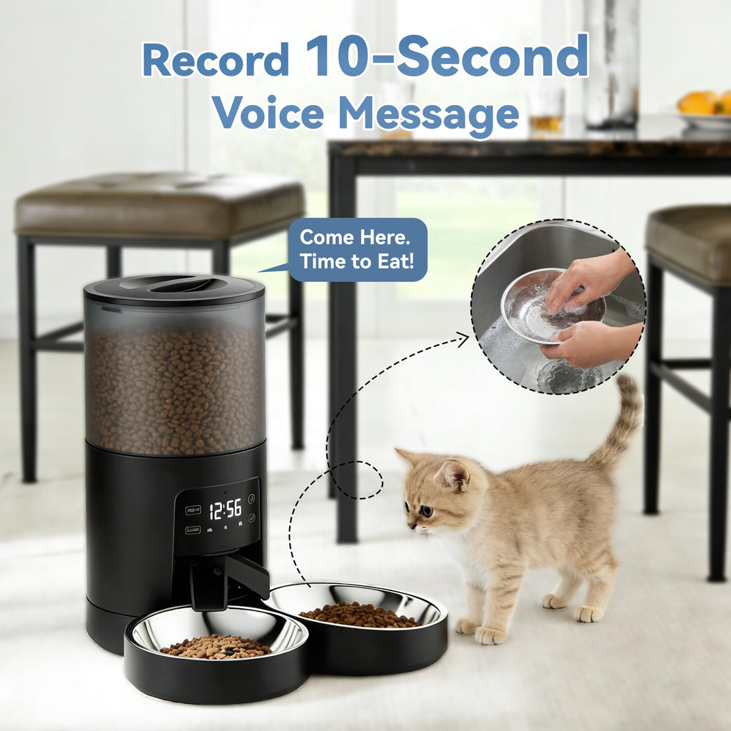 6L Automatic Cat Feeder with 2 Stainless Bowls Black U9930
