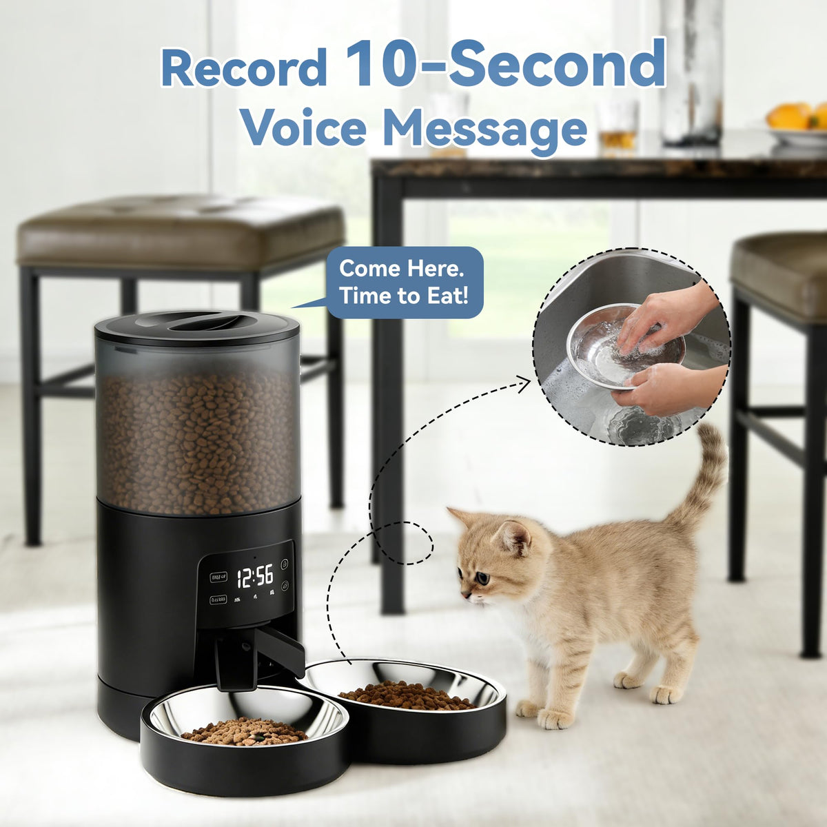 6L Automatic Cat Feeder with 2 Stainless Bowls Black U9930