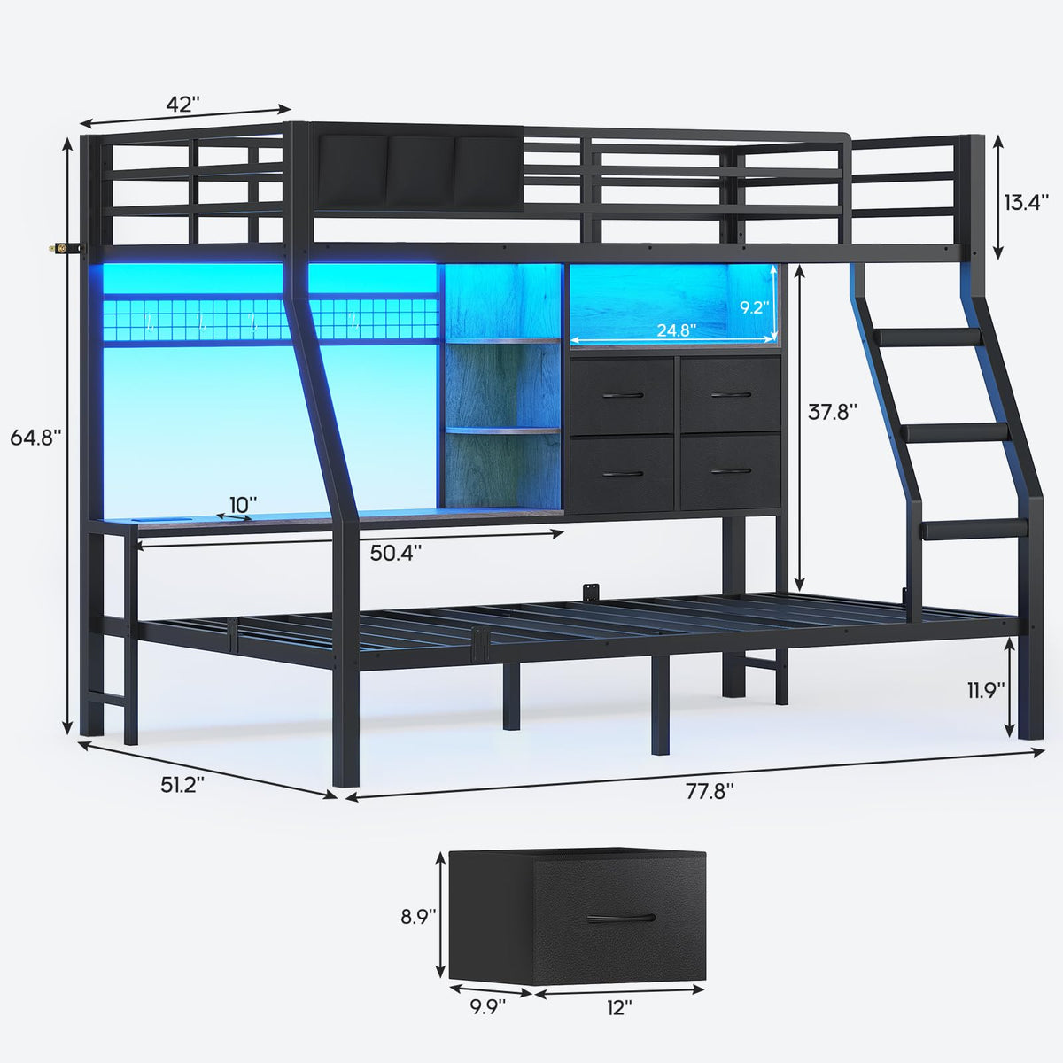 Black Twin Over Twin Bunk Bed with Charging Station & LED Lights L686005