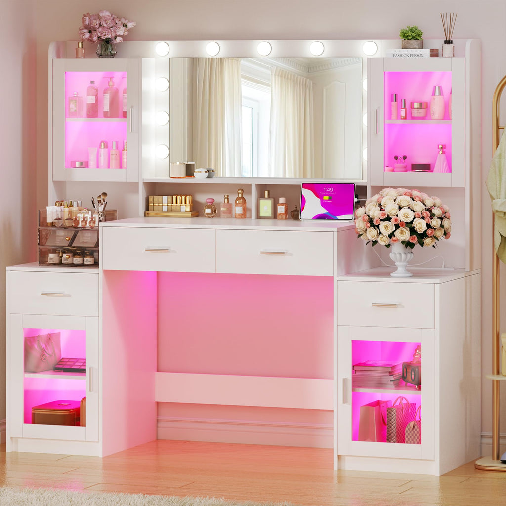 Large White Vanity Desk with Mirror and Lights U59009