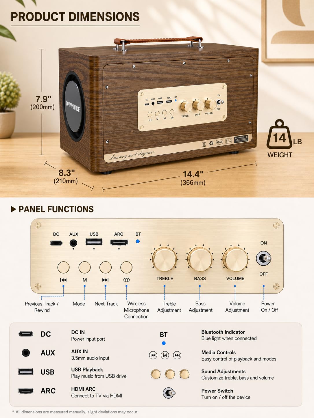 Portable Bluetooth Speaker 240W Peak Power Wooden Audio System H465