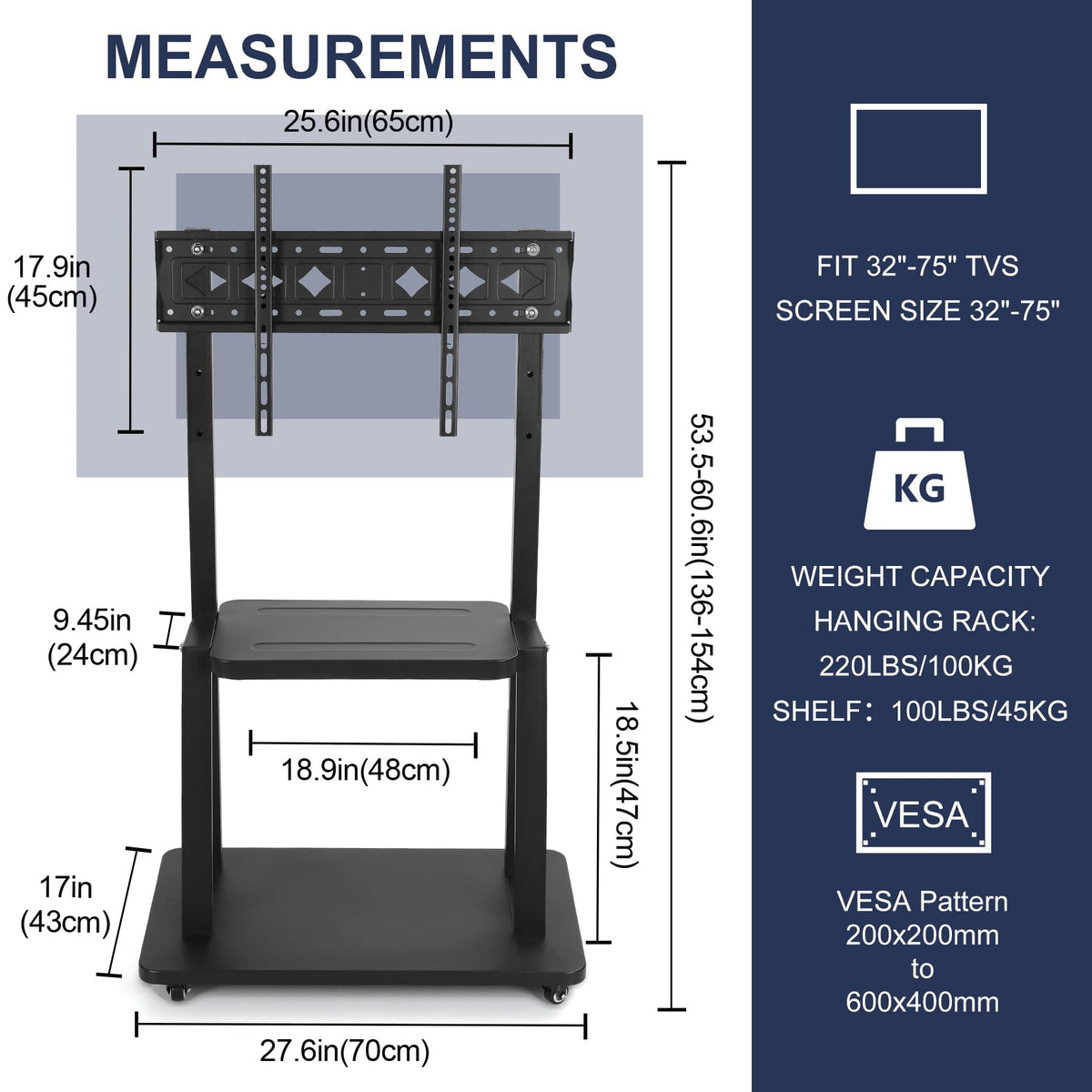 Rolling TV Stand with Wheels for 32-75 Inch Flat Panel Screens with Shelf S9689