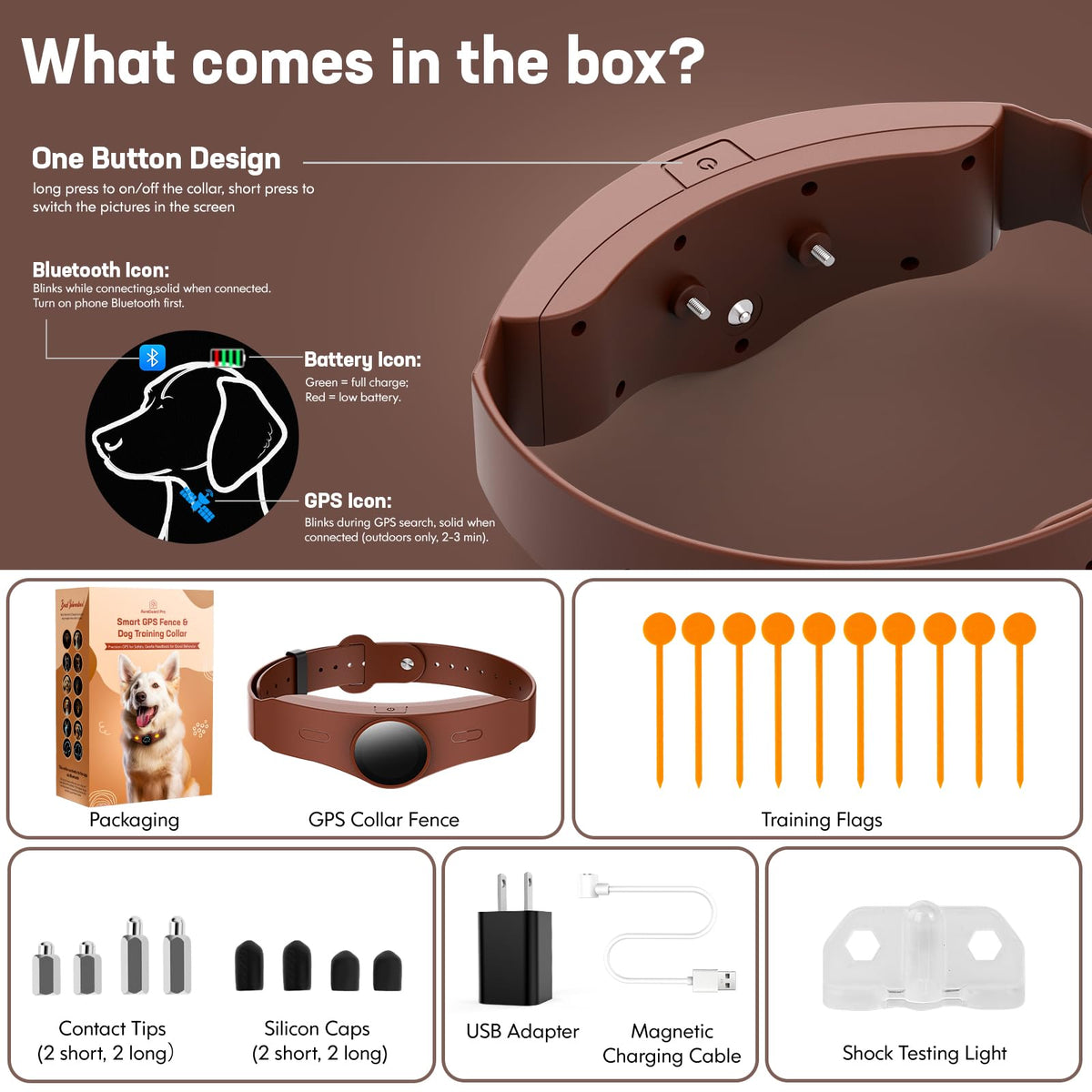 Wireless Dog Fence Collar, 64-3280ft Adjustable, Rechargeable IP7 Waterproof, Brown X158
