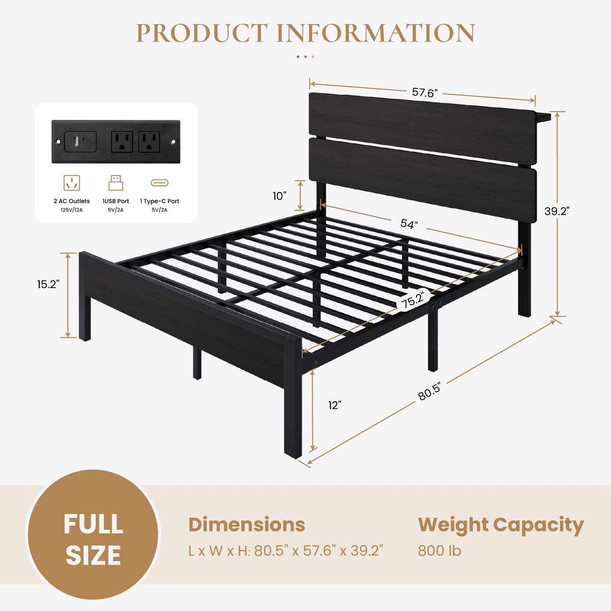 Full Size Bed Frame with Charging Station A223201