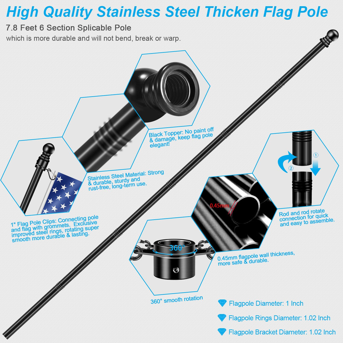 Black 7 FT Metal Flagpole Kit and 304 Stainless Steel Flagpole Clips U437199
