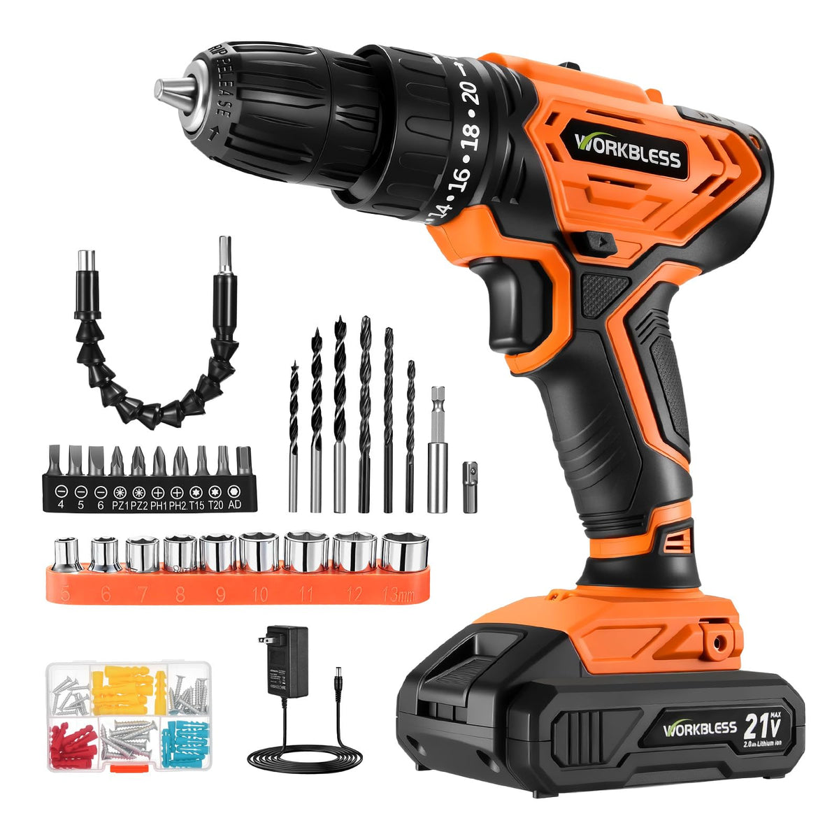 Cordless Drill, 20+1 Torque, 2 Speed, 3/8" Electric Screwdriver with 28pcs Drill Bits Set G9443