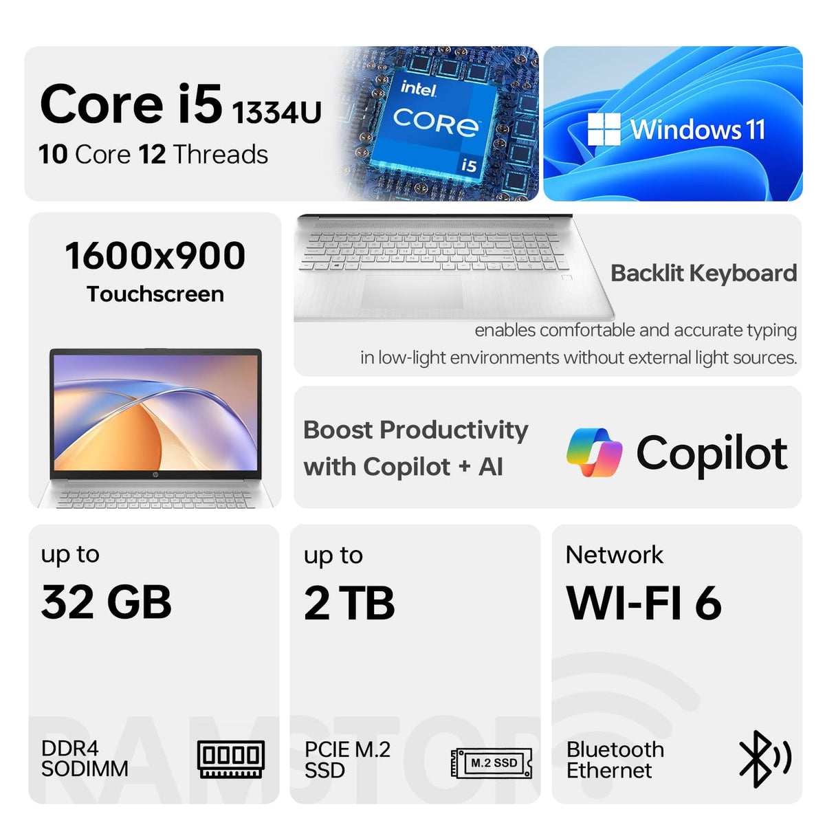 17.3" HD+ Touchscreen Laptop, Intel Core i5, 16GB RAM, 1TB SSD, Silver O658