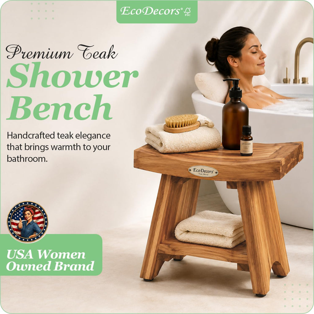 18" Solid Teak Shower Bench with Shelf Q332411