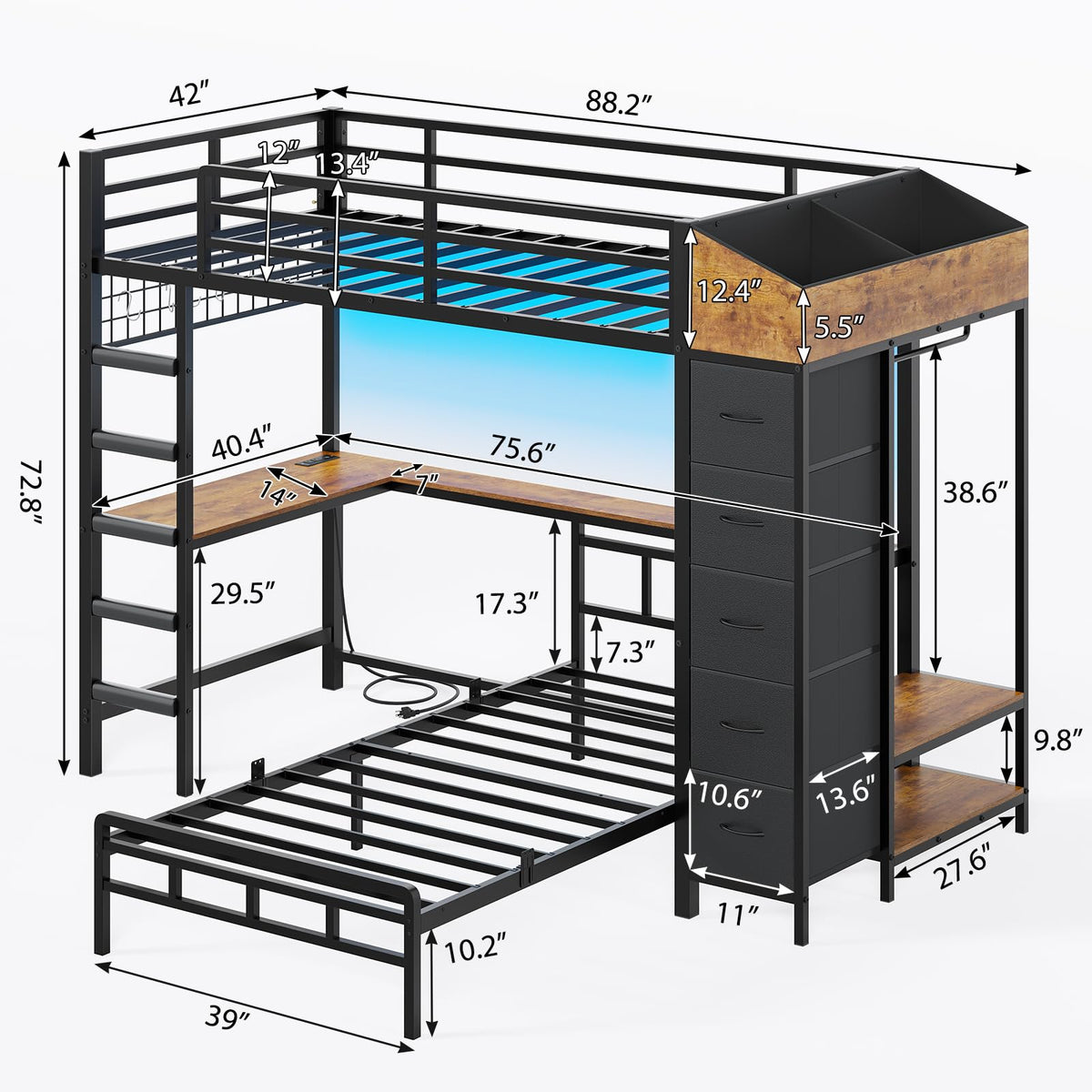 Black L-Shaped Bunk Bed with Desk and Stairs W662