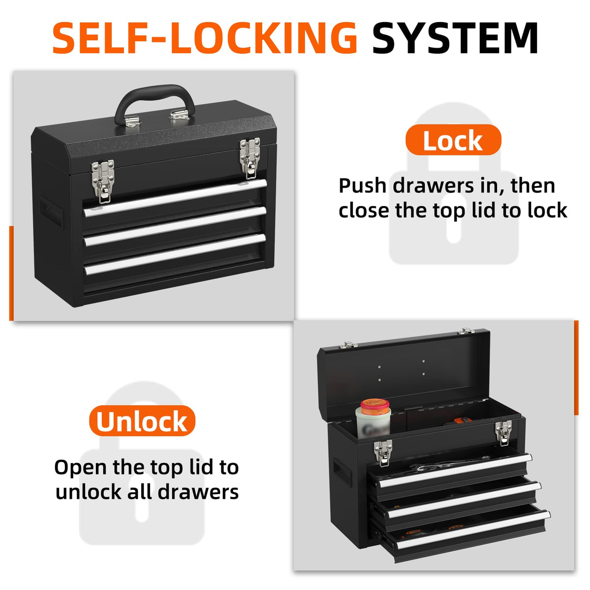 Black 3 Drawer Lockable Metal Tool Box B361
