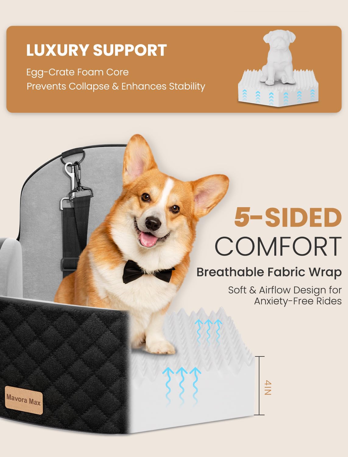 Dog Car Seat for Small/Medium Dogs up to 35lbs, Memory Foam, Grey K730