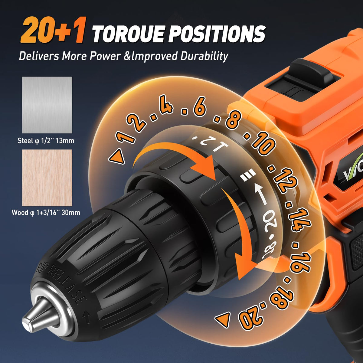 Cordless Drill, 20+1 Torque, 2 Speed, 3/8" Electric Screwdriver with 28pcs Drill Bits Set G9443