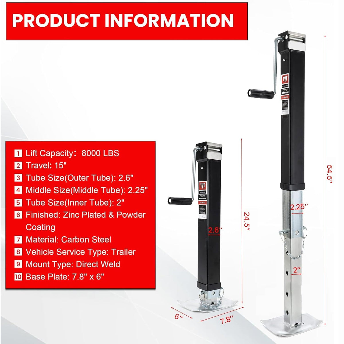 8000lbs 15 Inches Lift Square Trailer Jack with Drop Leg Q469