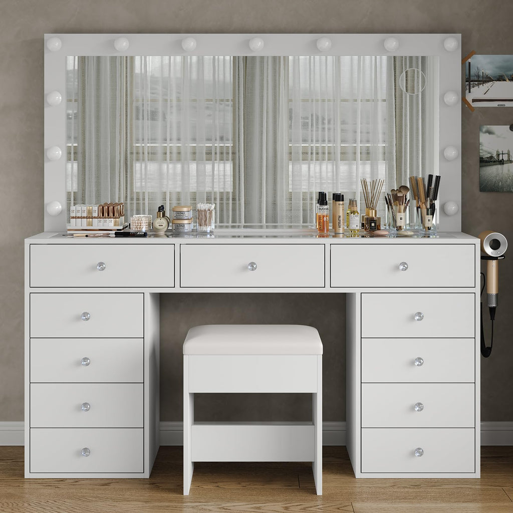 11 Drawer Vanity Desk with Mirror and LED Bulbs F1526