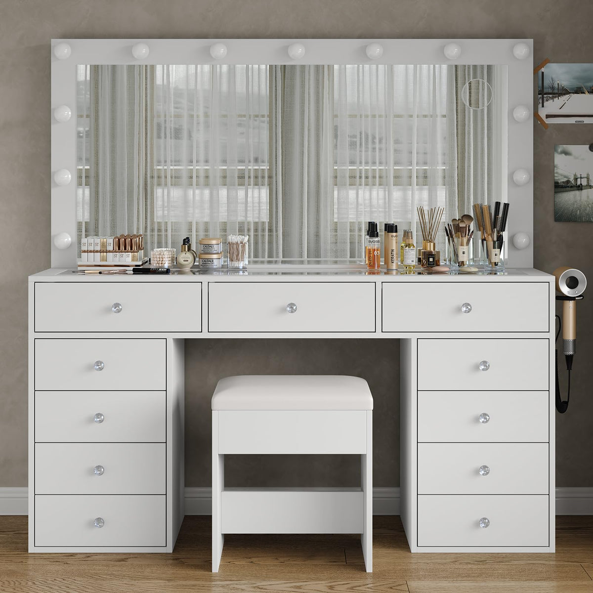 11 Drawer Vanity Desk with Mirror and LED Bulbs F1526