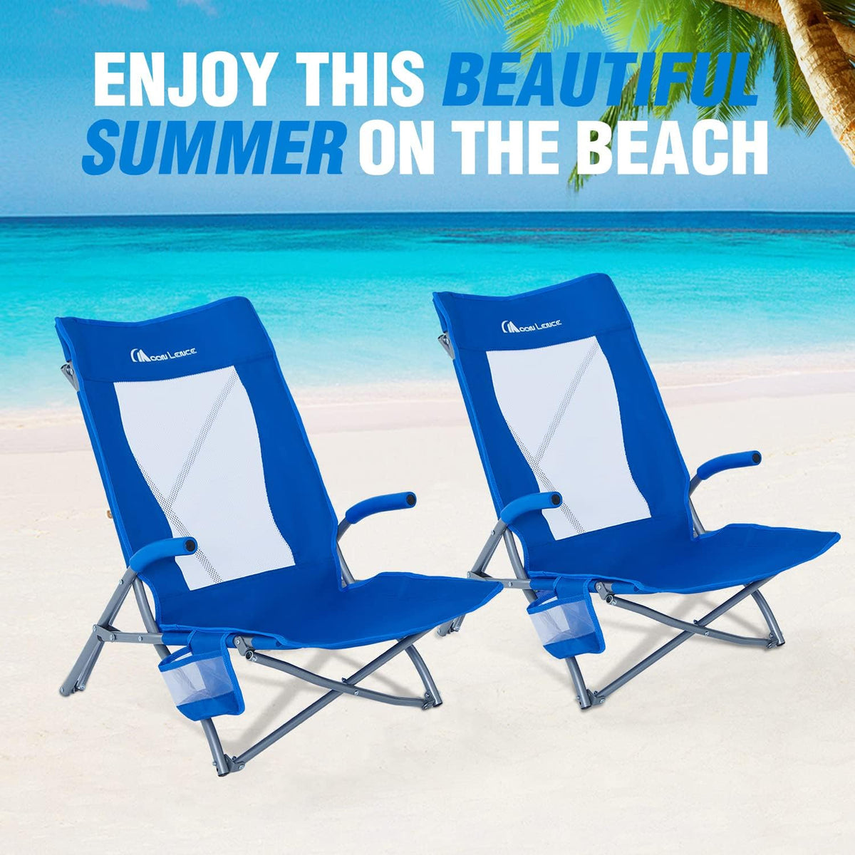 2 Pack Low Beach Lounge Chair with Cup Holder & Carry Bag U427