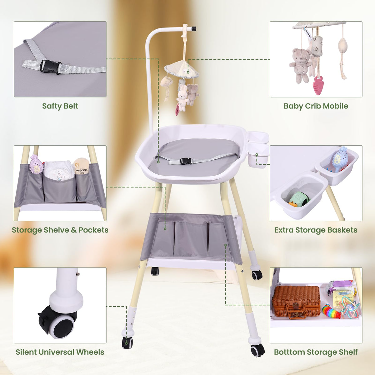 Adjustable Height Baby Changing Table with Changing Pad and Storage J191271