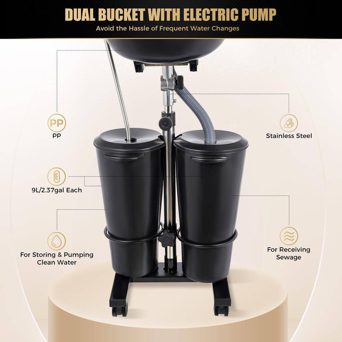 Portable Height-Adjustable Shampoo Basin with Electric Pump and 2 Water Buckets I9862