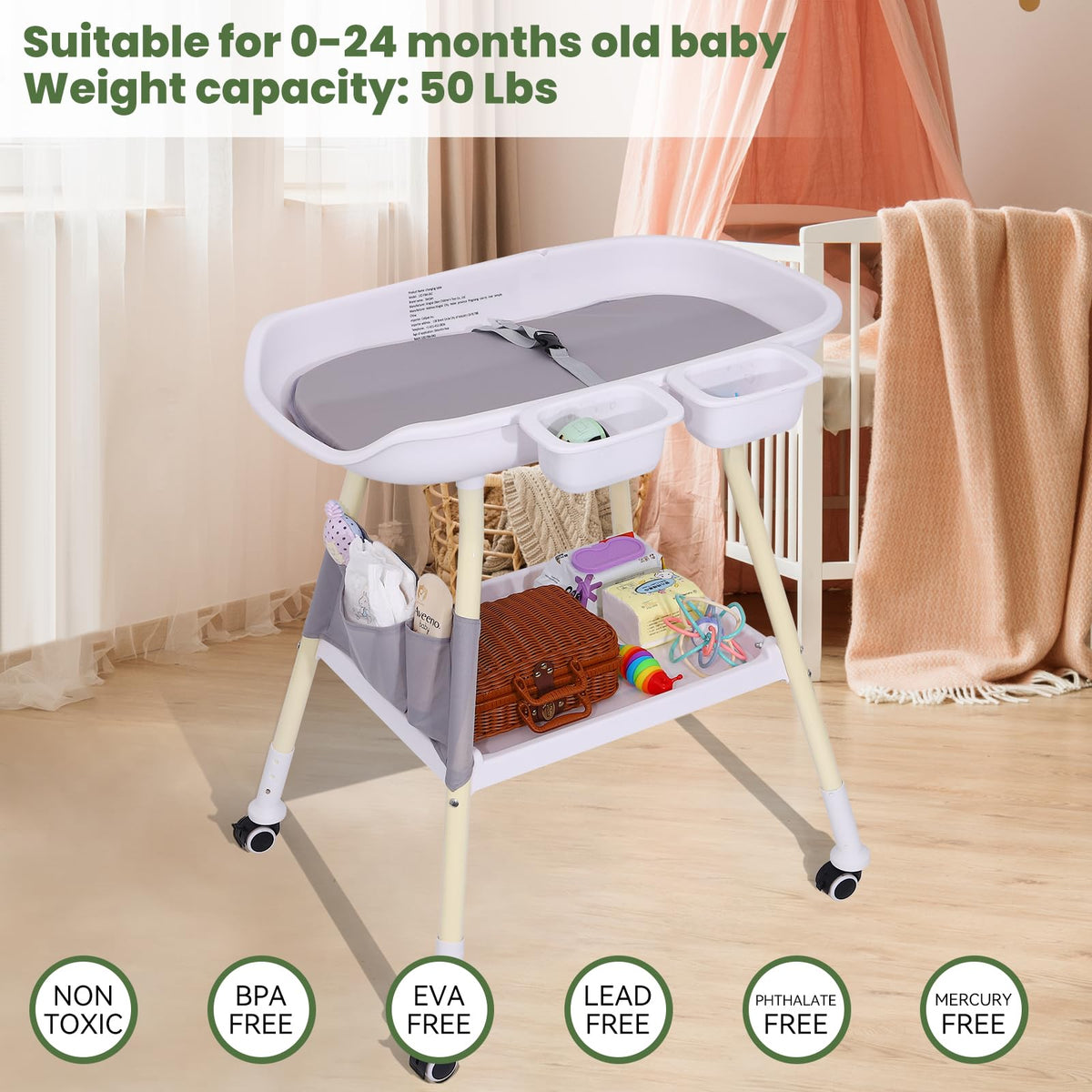 Adjustable Height Baby Changing Table with Changing Pad and Storage J191271