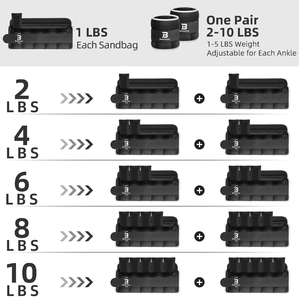 Adjustable Ankle Weights Set 1 Pair 2-10 lbs Y937426