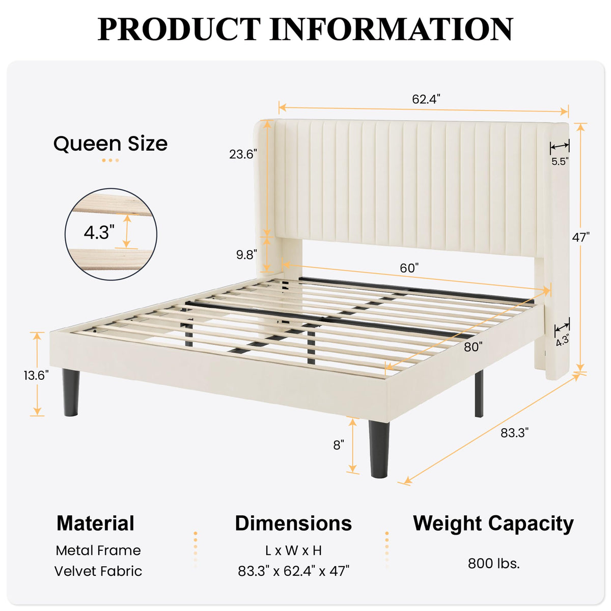 Queen Size Cream Velvet Bed Frame Y586