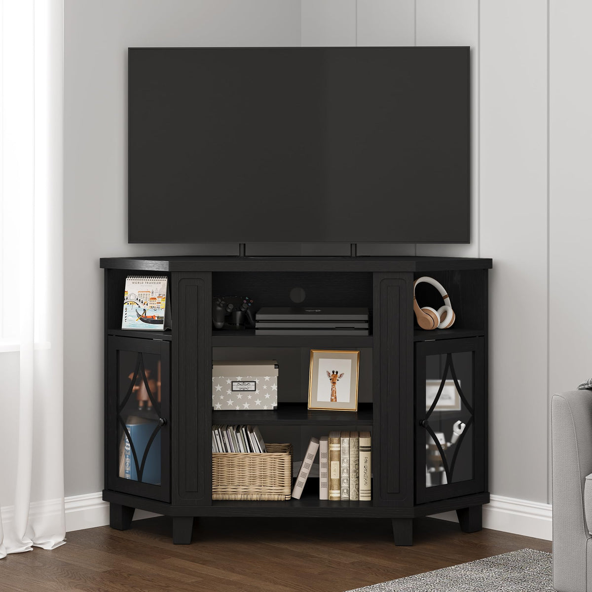 Corner TV Stand up to 55 Inch with Storage Wood Media Console Cabinet Satin Black M45598