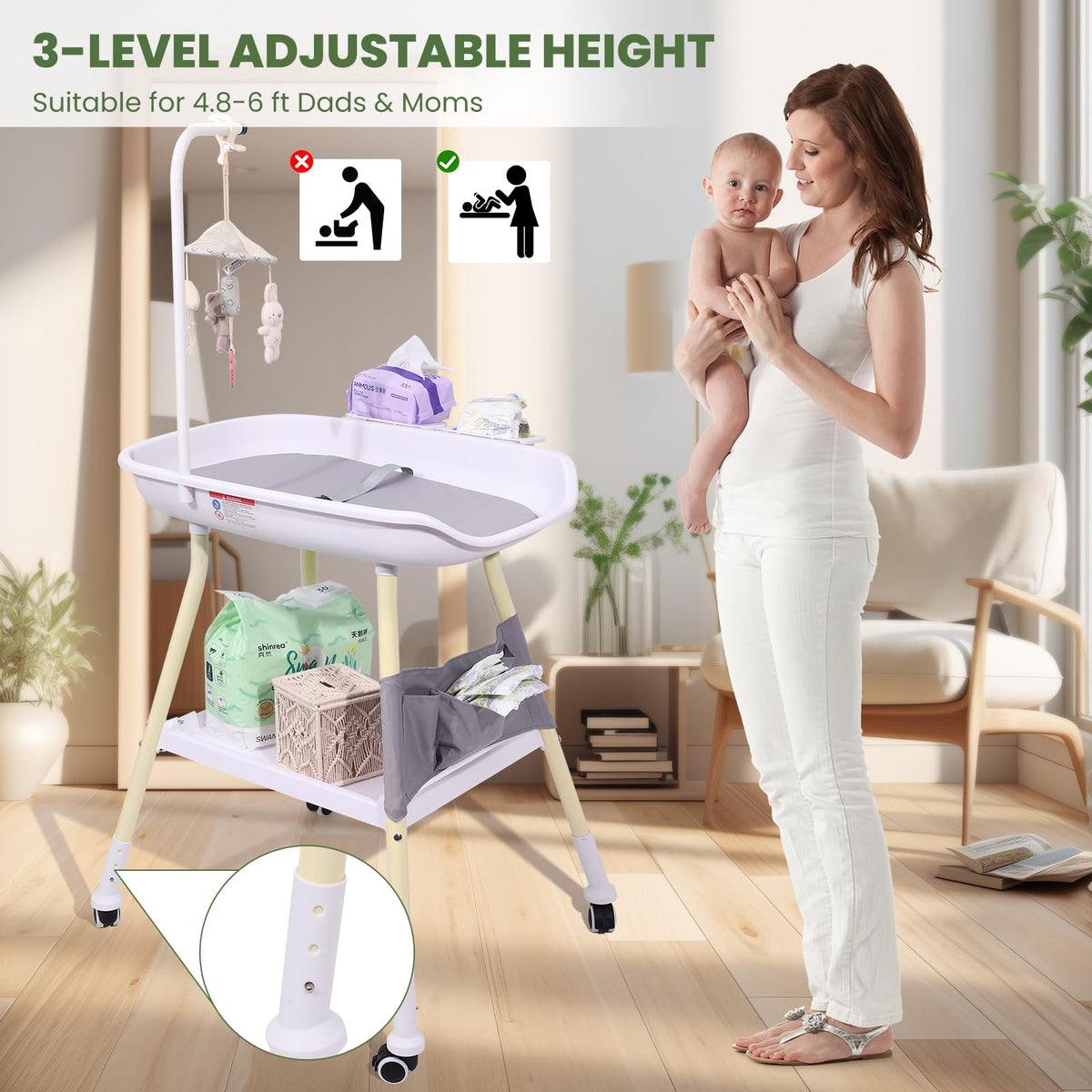 Adjustable Height Baby Changing Table with Changing Pad and Storage J191271