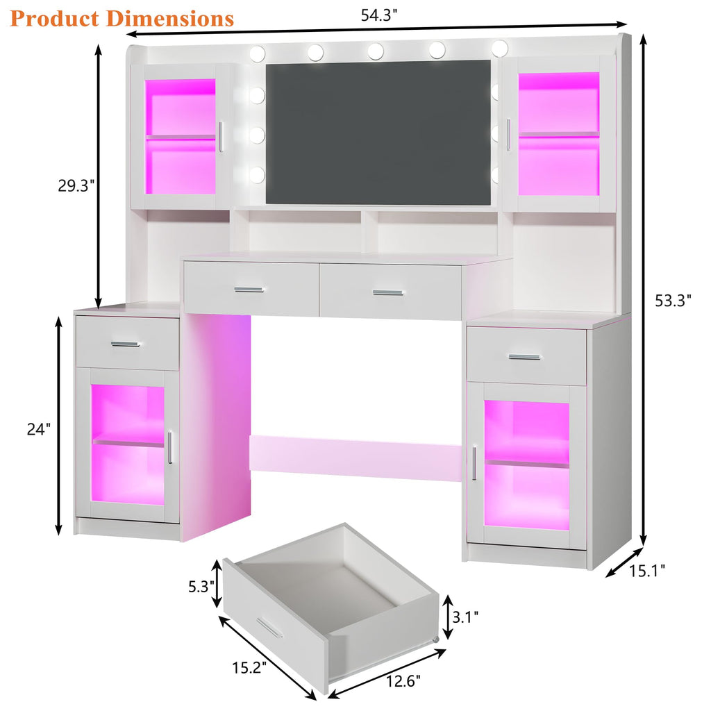 Large White Vanity Desk with Mirror and Lights U59009